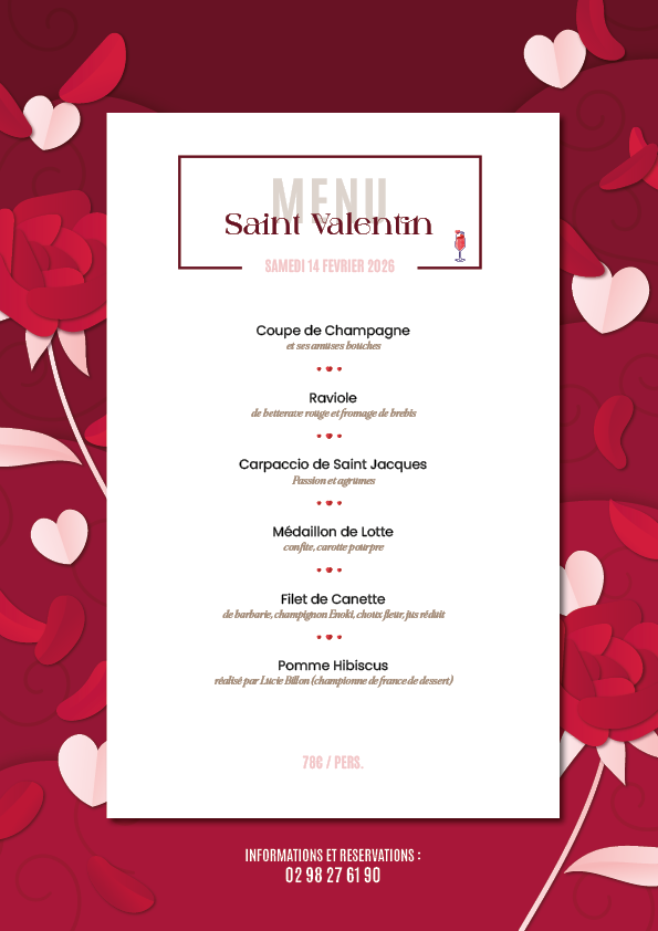 Menu Saint-Valentin : une expérience gastronomique à partager avec vue mer au cœur de la Presqu’île de Crozon